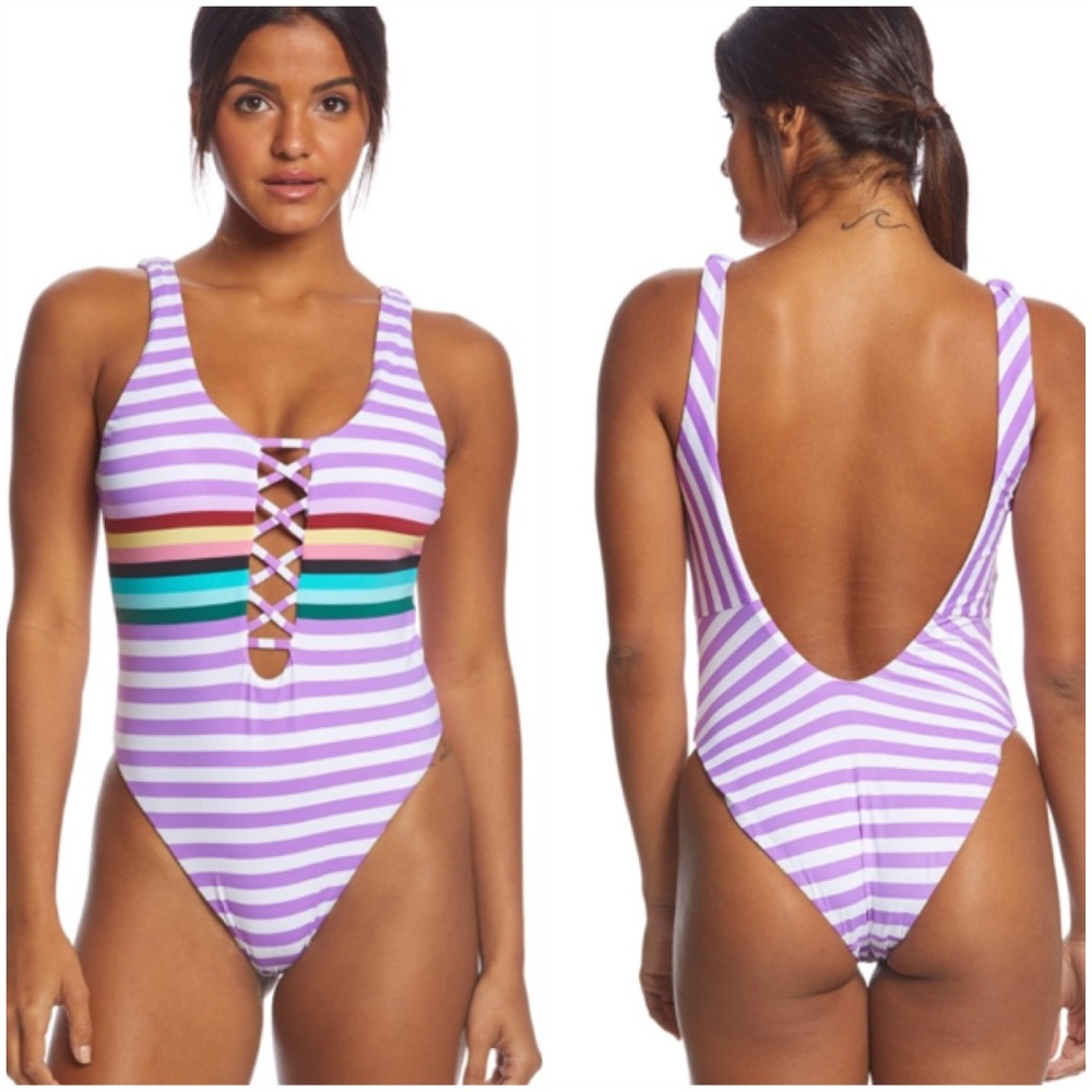 NWT Bikini Lab Swimsuit Stripeout Plunge One Piece - Picture 1 of 6